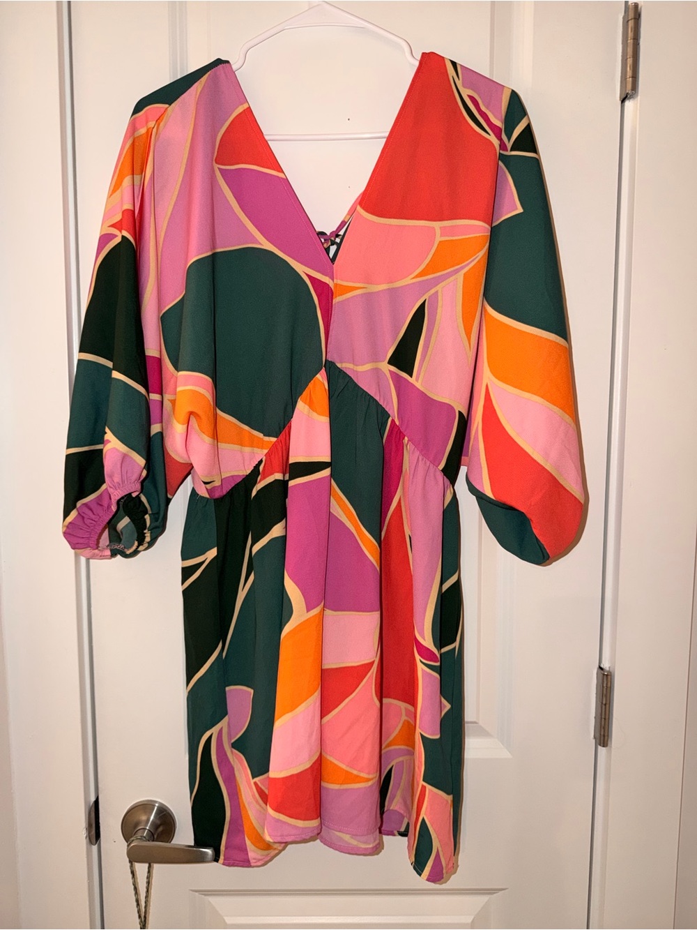 Tyche Bold V-Neck Mini Dress in Pink, Orange & Green